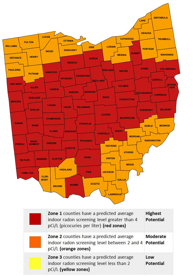Radon Ohio Map by County
